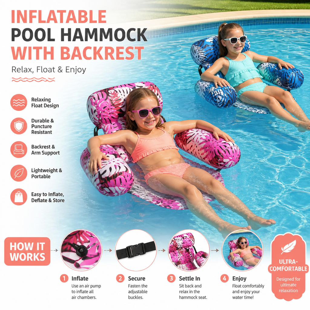 Inflatable Pool Hammock with Backrest – Foldable Water Lounge