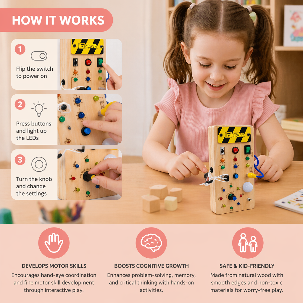 Montessori Wooden Sensory Board with Lights & Switches – Motor Skills Toy for Kids