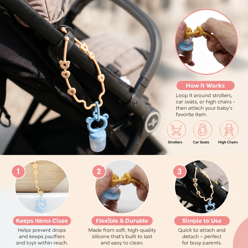 Silicone Baby Clip with Anti-Loss Protection – for Pacifiers & Toys (5 Pieces)
