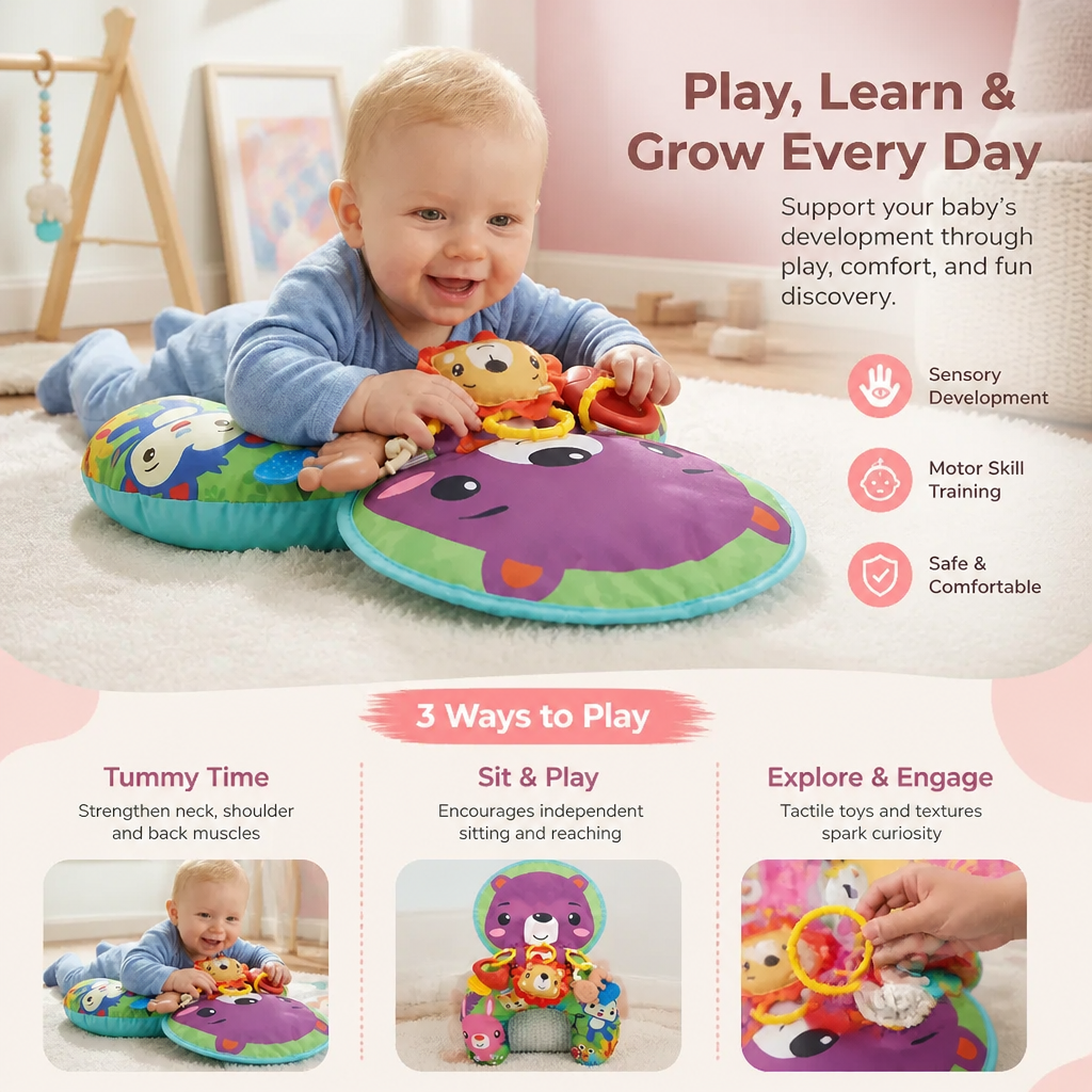Baby Training Pillow for Tummy Time with Play Arch – Supports Sensory Development & Early Growth
