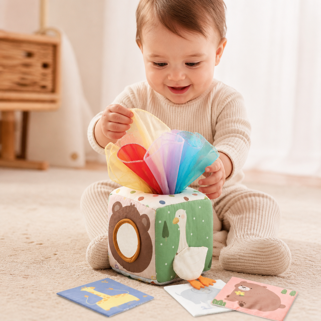 Montessori Baby Sensory Tissue Box – Soft Crinkle & Touch Activity Toy