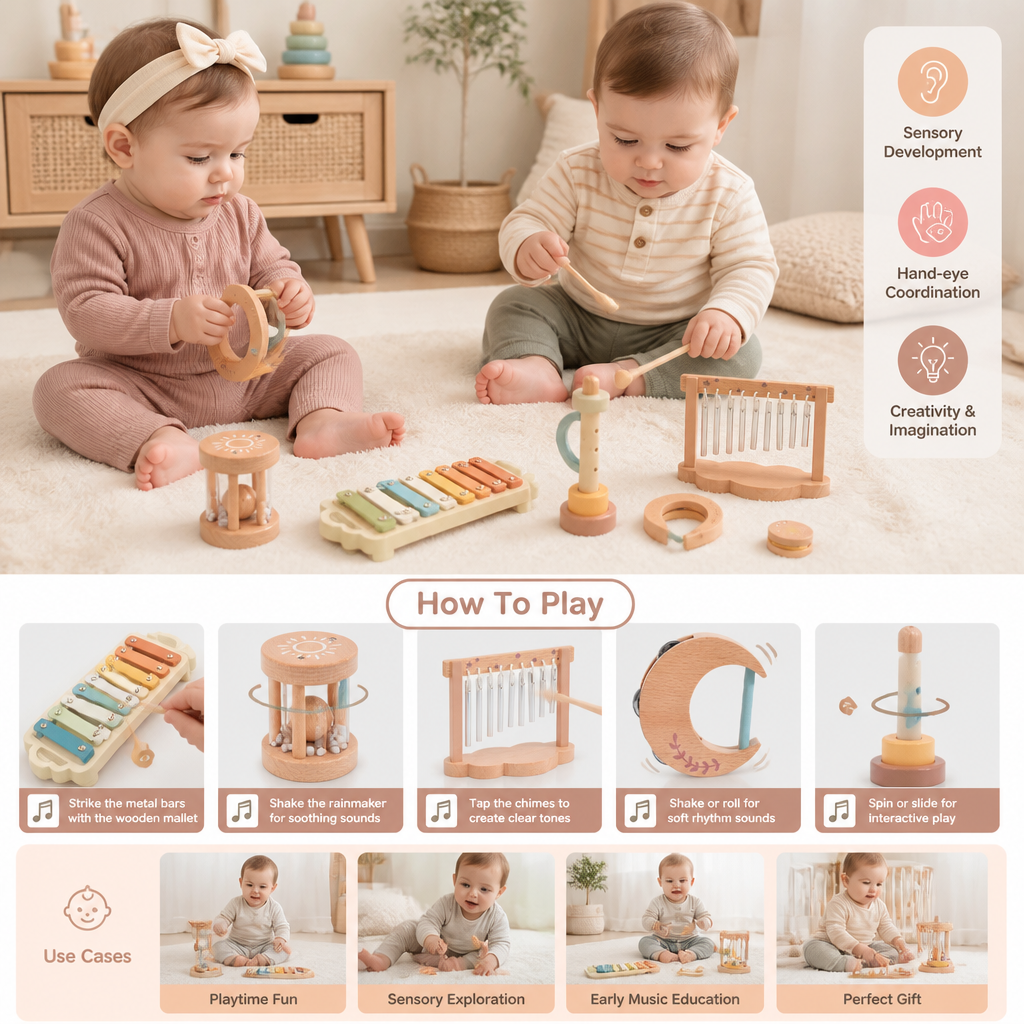 6-Piece Wooden Baby Musical Instrument Set – Sensory Sound & Music Toy