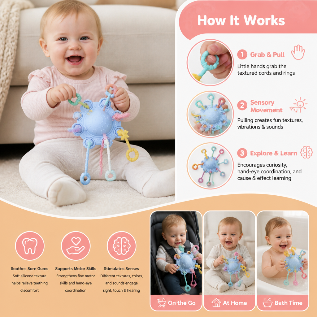Montessori Sensory Pull & Explore Teething Toy – Silicone Pull Cord for Tactile Learning & Gum Relief