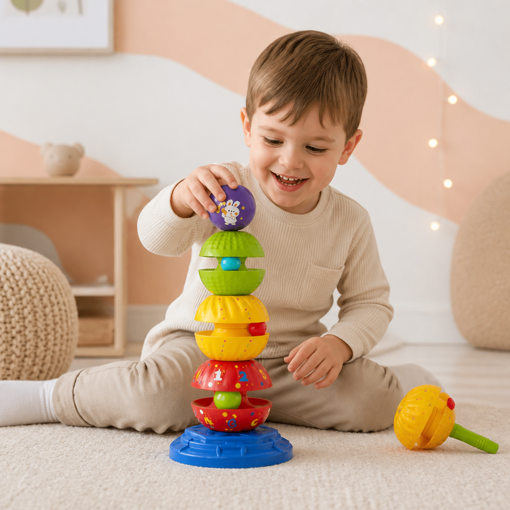2-in-1 Interactive Rotating Stack & Ball Drop Tower with Rattle for Kids