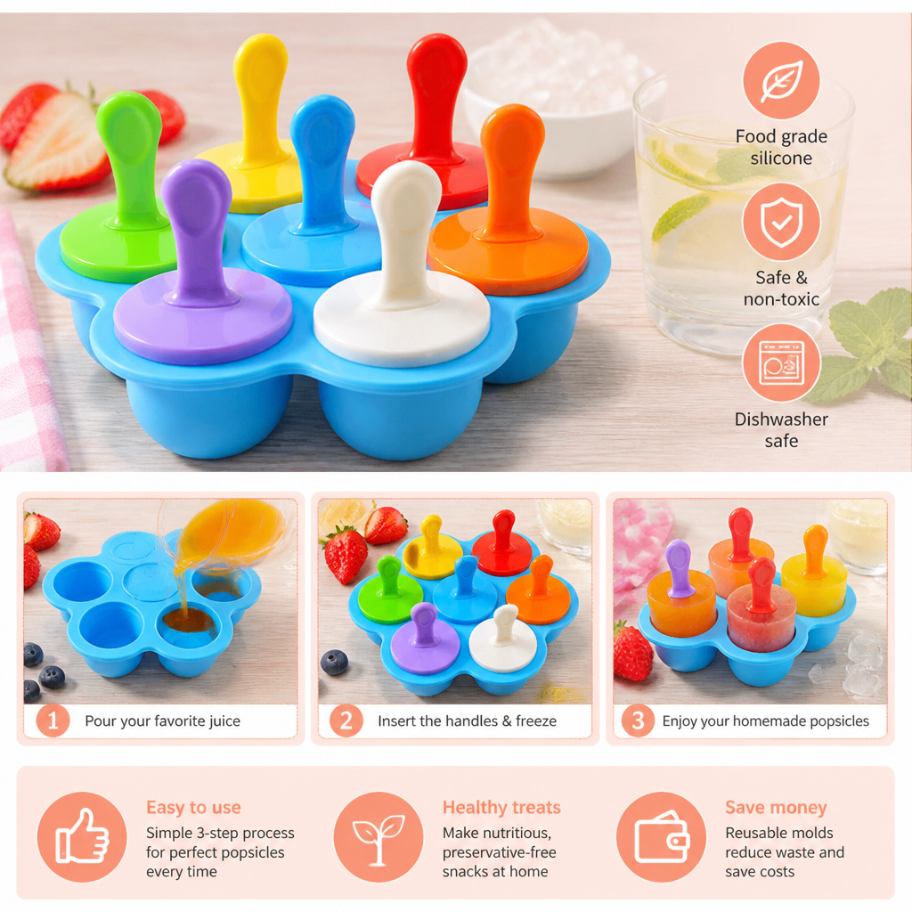 7-Piece Silicone Popsicle Mold – Reusable Ice Pop Maker for Kids
