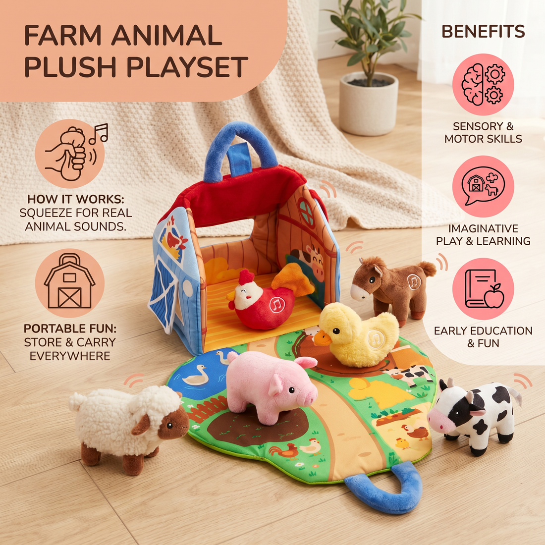 Farm Animal Plush Playset – Interactive Learning Toy with Portable Playhouse