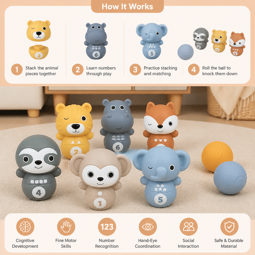 6-in-1 Soft Rubber Animal Bowling & Stacking Game – Montessori Learning Toy for Kids