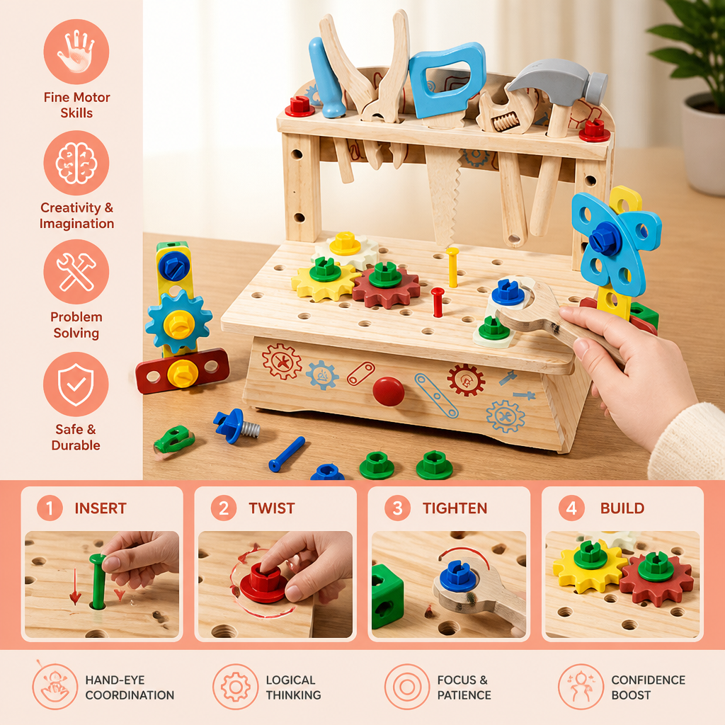 Wooden Kids Workbench & Tool Set – DIY Construction & Fine Motor Skills Learning Toy