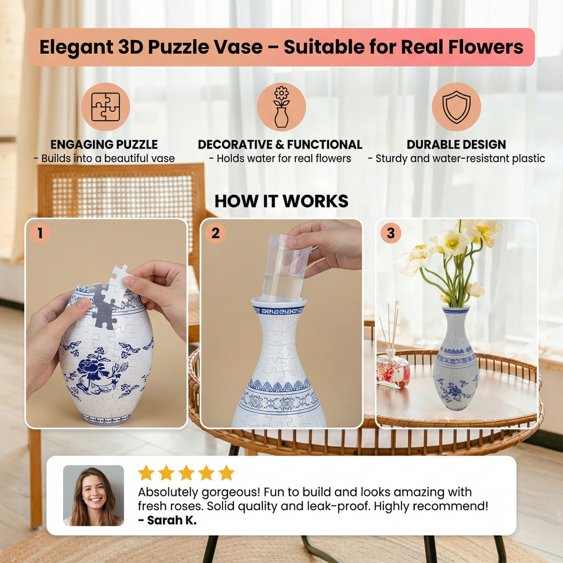 Elegant 3D Puzzle Vase – Suitable for Real Flowers