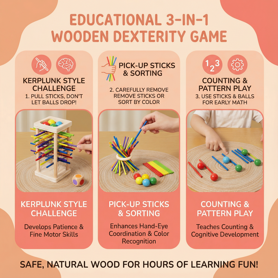 Educational 3-in-1 Wooden Ball and Stick Dexterity Game